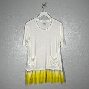 LOGO Lori Goldstein Size M Tie Dye Ruffle Tunic White Yellow Gray Short Sleeve